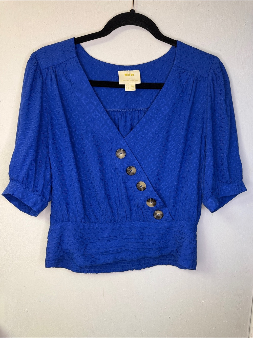 Maeve Cobalt Textured Wrap-Front Cropped Short Sleeve Blouse
